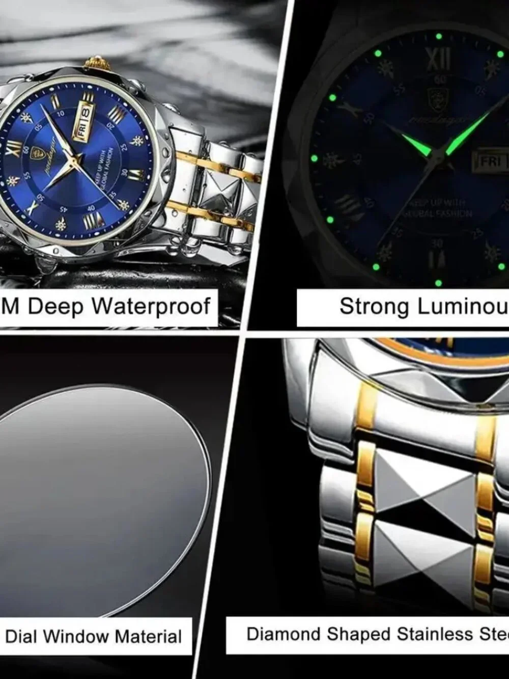 POEDAGAR Luxury Men's Watch - Two-Tone Stainless Steel with Day-Date